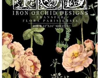 Könnte beinhalten: Transferfolie von Iron Orchid Designs mit einem floralen Muster mit rosa Rosen und grünen Blättern auf schwarzem Hintergrund. Der Text "Flora Parisiensis" und "Four 12"x16" sheets" ist auf der Folie gedruckt.