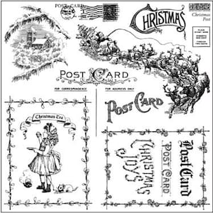 May include: A collection of vintage Christmas-themed postcard designs in black and white. The images include illustrations of Santa's sleigh, reindeer, winter scenes, and children. Text includes "Christmas," "Post Card," and "Christmas Joy's."