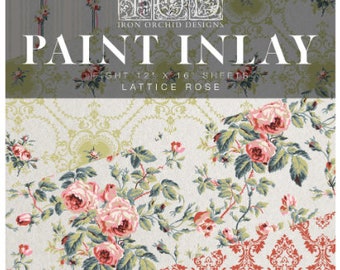 May include: Paint Inlay by Iron Orchid Designs, a set of 12" x 16" sheets featuring a floral pattern with pink roses and green leaves on a white background. The design is called Lattice Rose.