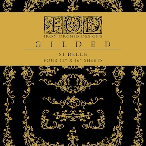 May include: A set of four 12" x 16" sheets of decorative paper with a gold floral design. The paper is called "Si Belle" and is from Iron Orchid Designs. The text "Gilded" is printed in gold on a black background.