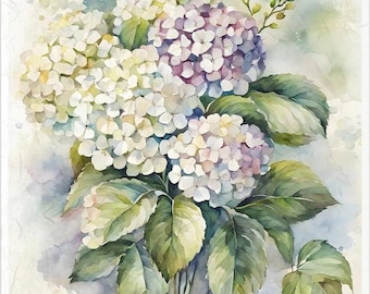 May include: Watercolor painting of a bouquet of hydrangeas in shades of white, lavender, and green. The leaves are a mix of light and dark green. The background is a soft watercolor wash of blue and white. The paper is labeled with "RICE paper 30-35 g/m²" and "papier ryżowy 210x297 mm".