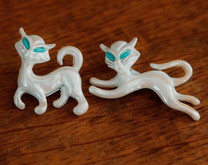 Stunning Vintage Iridescent Enamel Siamese Cat Brooches with Turquoise Eyes | Jewelry | Accessories | Gifts for Her | FREE SHIPPING