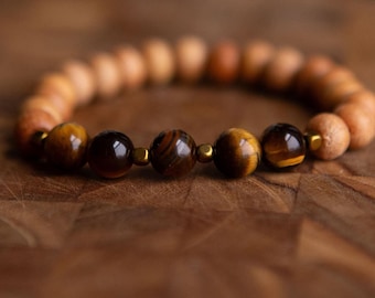 Tigers Eye | Raw Light Wooden Beads Reiki Infused Healing Jewelry | Healing Energy | Artisan Crystal Bracelet | Stability