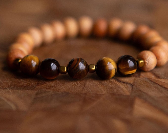Tigers Eye | Raw Light Wooden Beads Reiki Infused Healing Jewelry | Healing Energy | Artisan Crystal Bracelet | Stability