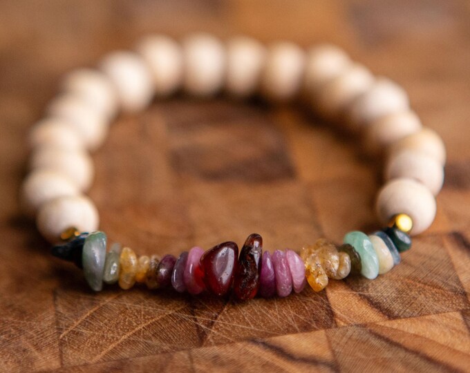 Rainbow Tourmaline | Raw Light Wooden Beads Reiki Infused Healing Jewelry | Healing Energy | Artisan Crystal Bracelet | Stability