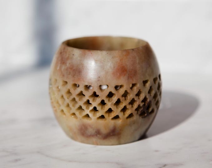 Rounded Carved Soapstone Tealight Candle Holder | Lattice X Shaped Pattern | Free Shipping