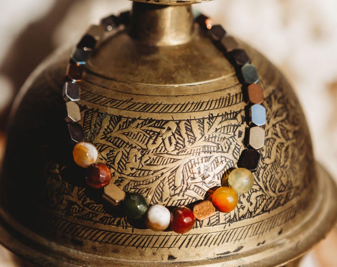 Agate + Multicolor Hematite | Reiki Infused Healing Jewelry | Healing Energy | Artisan Crystal Bracelet | Stability