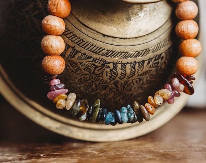 Rainbow Tourmaline Chip + Wooden Bead Bracelet | Reiki Infused | Healing Energy | Crystal Bracelet | Artisan Jewelry | Intention