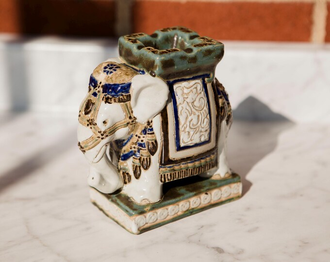 Vintage | Ceramic Indian Elephant Figure | Ashtray | Hand Painted | Glazed Pottery | Eclectic | Bohemian | FREE SHIPPING
