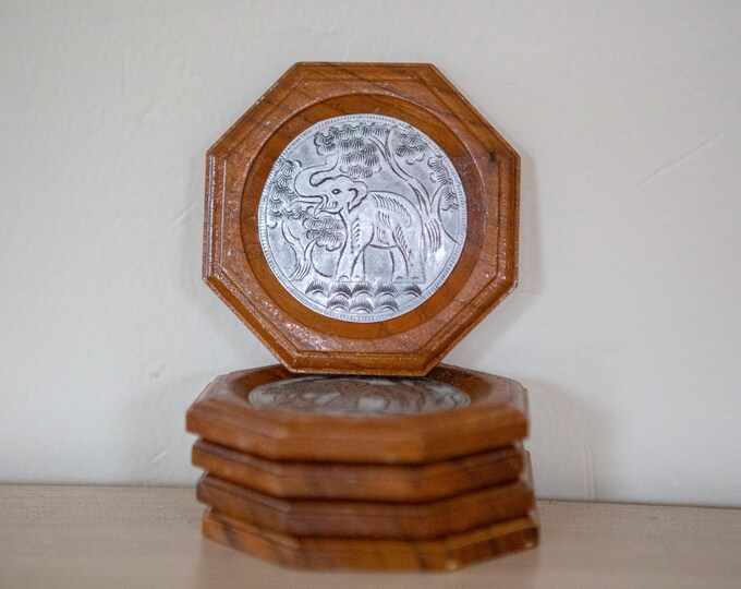 Set of 5 Vintage 1960s Teak & Embossed Nickel Elephant Coasters – Octagonal MCM Charm | Bohemian | Eclectic | Home Decor