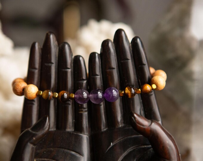 Amethyst | Tigers Eye | Wooden Beads Reiki Infused Healing Jewelry | Healing Energy | Artisan Crystal Bracelet | Stability