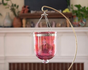 Vintage | Unique | Set of 2 Vintage Cranberry Glass Bell Jar Lanterns | Etched Stars | Ornate Silver Collar | Versatile Hanging Decor