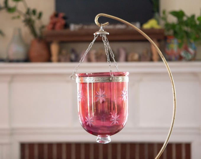Vintage | Unique | Set of 2 Vintage Cranberry Glass Bell Jar Lanterns | Etched Stars | Ornate Silver Collar | Versatile Hanging Decor