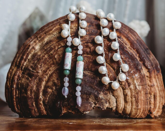 Divine + Harmonious Feminine | Reiki Infused Crystal Wrap Necklace | Pearl | Aventurine | Amethyst | Porcelain | Gemstone Jewelry