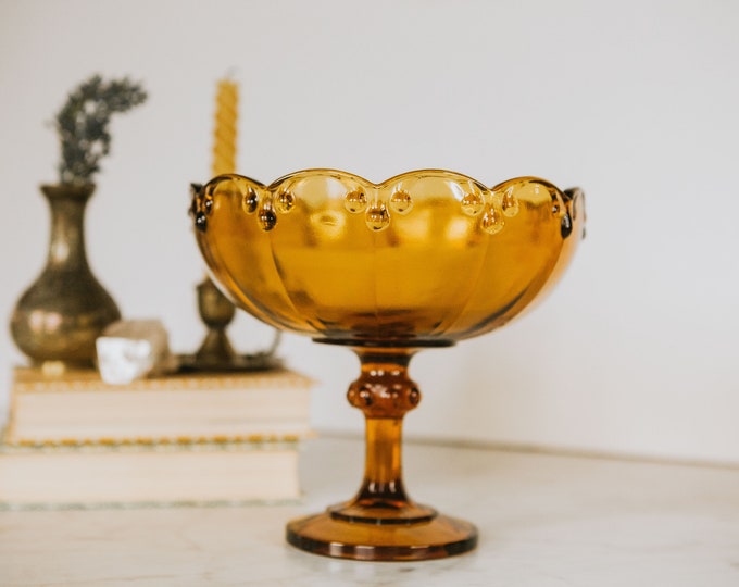 MCM Vintage Indiana Glass Ice Amber Large Compote | Candy Dish | Pedestal | Indiana Garland Pattern | Rain Drop | Drip Dish | Pressed Glass