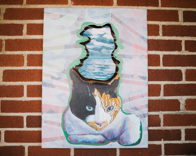 Handcrafted Whimsy: 3D Cat Painting with Suspended Oceanic Dreamscape | FREE SHIPPING