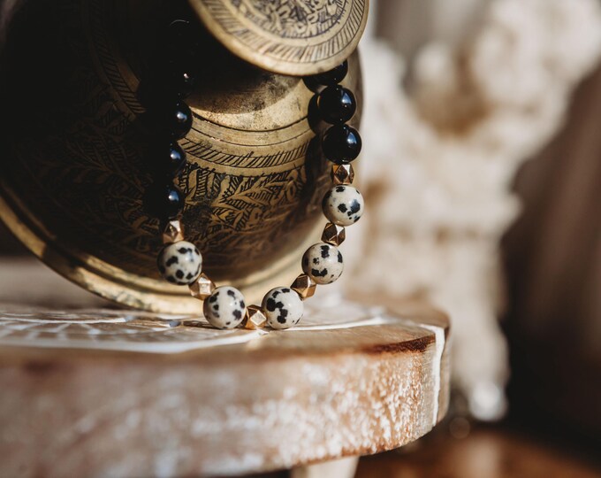 Dalmatian Jasper | Hematite | Black Agate Reiki Infused Healing Jewelry | Healing Energy | Artisan Crystal Bracelet | Stability