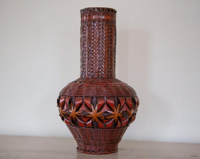 Japanese Lacquered Woven Bamboo Ikebana Vase | Porcelain Insert |  Wabi-Sabi Decor **IMPERFECTIONS**