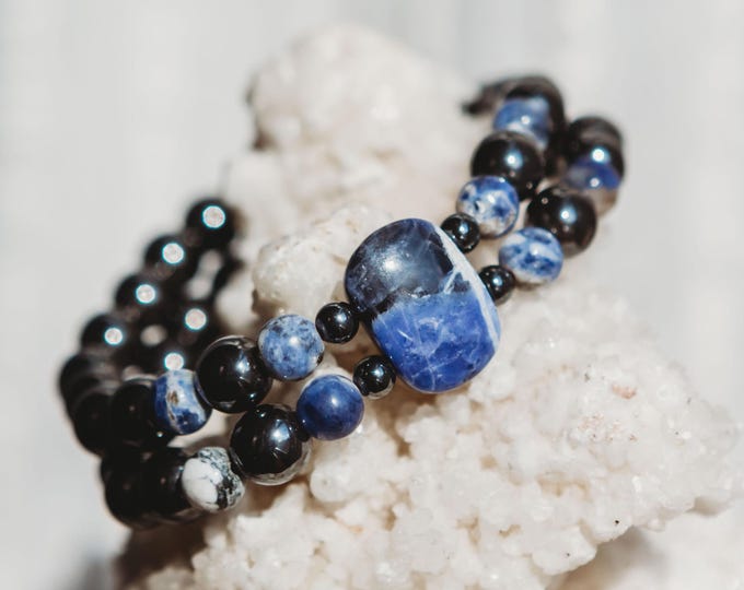 Sodalite + Hematite Double Strand Reiki Infused Crystal Healing Bracelet | Energy | Crystal Bracelet | Healing Crystals | Reiki Energy