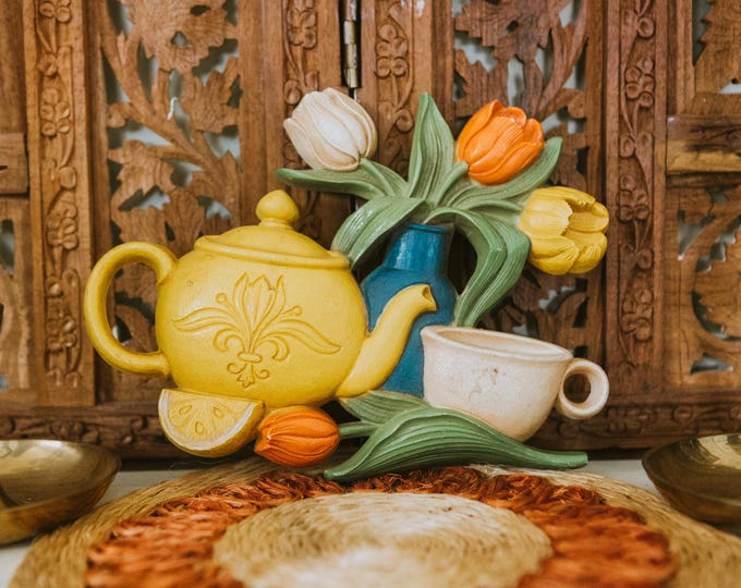 Vintage 70s Molded Plastic Wall Decor | Tulips | Tea Cup | Tea Set | Tea Pot | Flowers | Wall Art | FREE SHIPPING