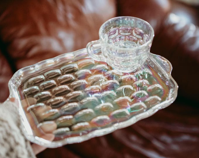 Mid Century Modern | Iridescent Snack Set | Federal Glass | Yorktown | Bridge Plates | FREE SHIPPING