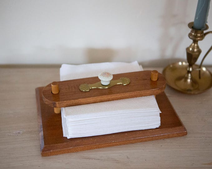 Vintage Wooden Napkin Holder – Cottagecore Kitchen Décor – Gold & Porcelain Handle