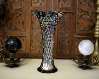 Antique Amethyst Carnival Glass Vase | Northwood | Black | Rainbow | Iridescent | Diamond Point | FREE SHIPPING