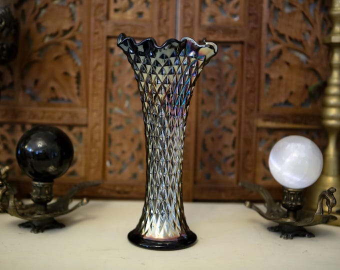 Antique Amethyst Carnival Glass Vase | Northwood | Black | Rainbow | Iridescent | Diamond Point | FREE SHIPPING