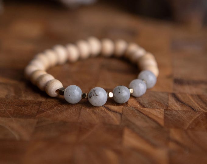 Labradorite | Raw Light Wooden Beads Reiki Infused Healing Jewelry | Healing Energy | Artisan Crystal Bracelet | Stability