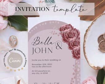 Wedding invitation template dusty pink mauve digital download editable in Canva