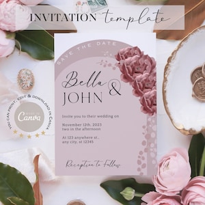 Wedding invitation template dusty pink mauve digital download editable in Canva