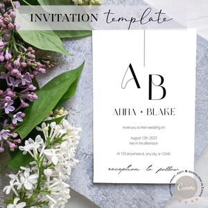 Wedding invitation template modern minimalist digital download editable in Canva