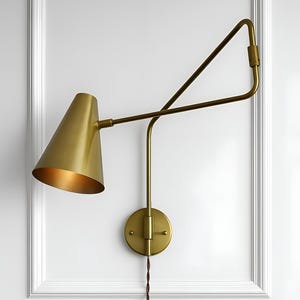 Mid-Century Modern Brass Swing Arm Wall Sconce - Industrial Cone Shade