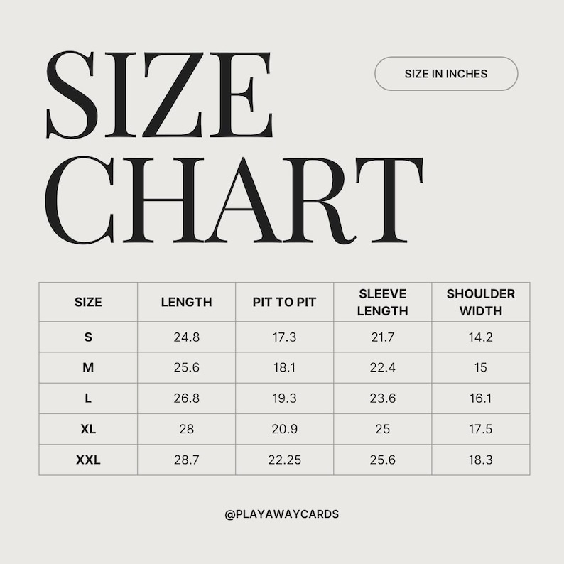 K&ouml;nnte beinhalten: Eine Gr&ouml;&szlig;entabelle in Zoll, mit dem Text "SIZE CHART" oben. Die Tabelle enth&auml;lt Ma&szlig;e f&uuml;r L&auml;nge, Brustweite, &Auml;rmell&auml;nge und Schulterbreite f&uuml;r die Gr&ouml;&szlig;en S, M, L, XL und XXL. Der Text "SIZE IN INCHES" befindet sich oben rechts.