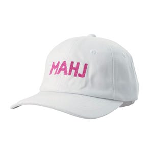 May include: White baseball cap with a curved brim. The cap features the embroidered letters "MAHJ" in a bright pink color across the front. The hat is made of a soft fabric and has a rounded crown.