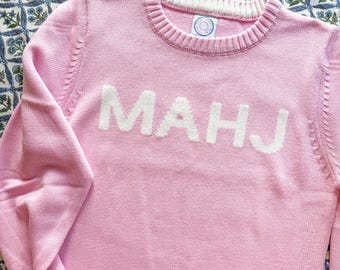 MAHJ knit block letter sweater - perfect Mahjong lover/ teacher gift pink and white grand millennial