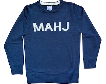 Pull MAHJ en mailles moulées - cadeau parfait pour les amateurs de mahjong/professeurs bleu marine et blanc pour le grand millénaire