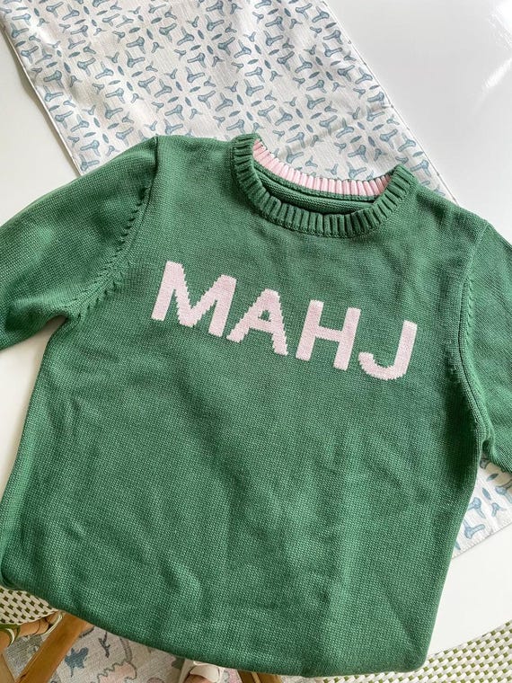 MAHJ knit block letter sweater - perfect Mahjong lover/ teacher gift green and blush pink grand millennial