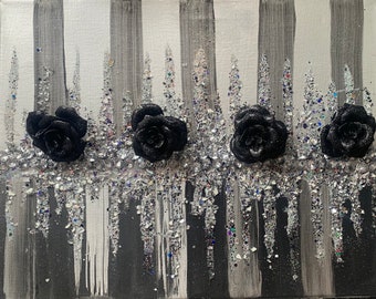 Schwarz+Silber Bling Malerei | Schwarze Glitzerrosen, funkelnde Edelsteine, zerbrochenes Glas, Glitzerdekor | Glamouröse und glitzernde Wandkunst | Rosendekor