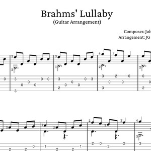 Brahms Lullaby guitar sheet music with tabs - chords, melody, and arrangement