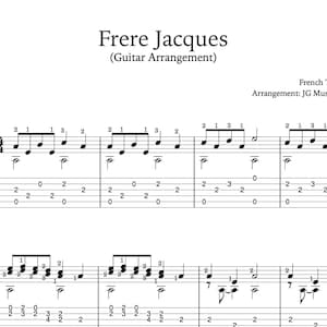 Pode incluir: Um arranjo de partitura para guitarra da canção tradicional francesa "Frère Jacques". A música inclui a letra e as tablaturas de guitarra.
