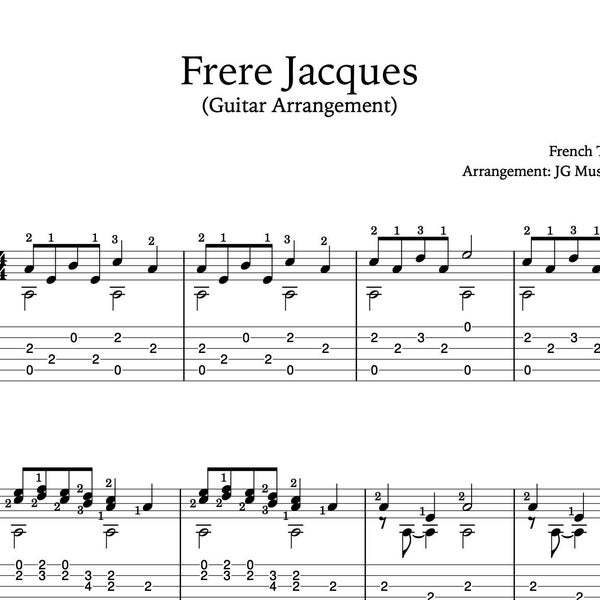 Frere Jacques (Brother John) guitar sheet music with tabs, chords, and arrangement