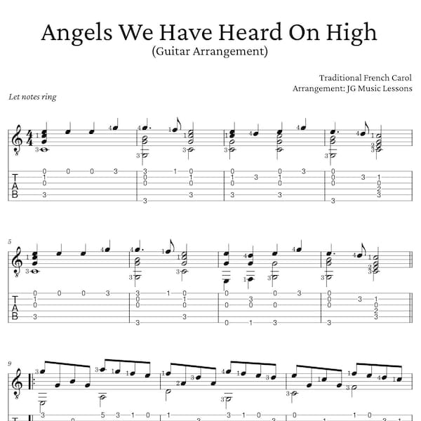 Angels We Have Heard On High - Noten für Gitarre mit Tabulaturen - Akkorde, Melodie und Arrangement