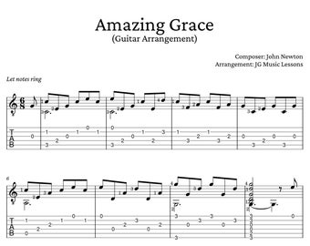 Amazing Grace guitar sheet music with tabs, chord charts, melody, and arrangement