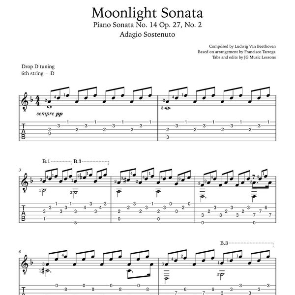 Moonlight Sonata guitar sheet music with tabs