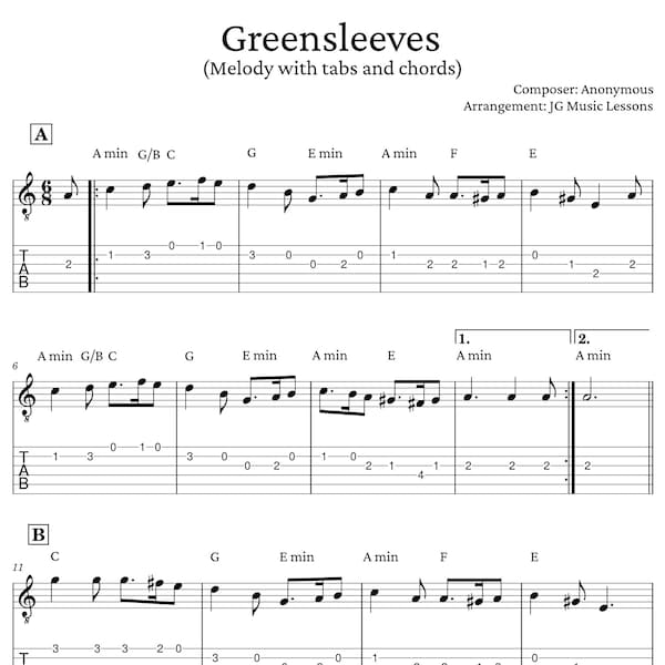 Greensleeves guitar sheet music with tabs - chords, melody, and arrangement