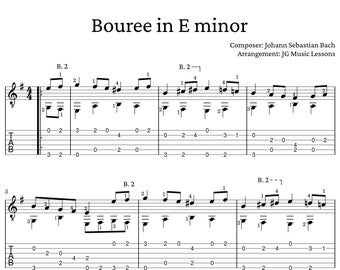 Bouree in E minor by Bach - guitar arrangement with tabs