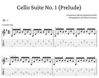 Cello Suite No. 1 (Prelude) by Bach - guitar tabs sheet music