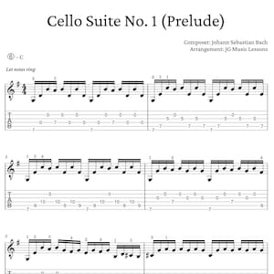 Könnte beinhalten: Notenblatt für die Cello-Suite Nr. 1 Präludium von Johann Sebastian Bach. Die Musik ist in Standardnotation mit einem Violinschlüssel und einem Bassschlüssel geschrieben. Die Noten sind auf einem Notensystem mit Linien und Zwischenräumen geschrieben. Die Musik ist für Cello arrangiert und enthält den Titel, den Komponisten und den Arrangeur.