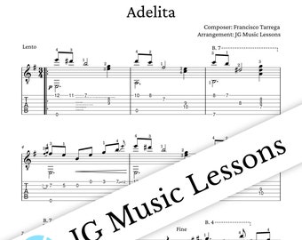 Adelita by Tarrega guitar sheet music with tabs